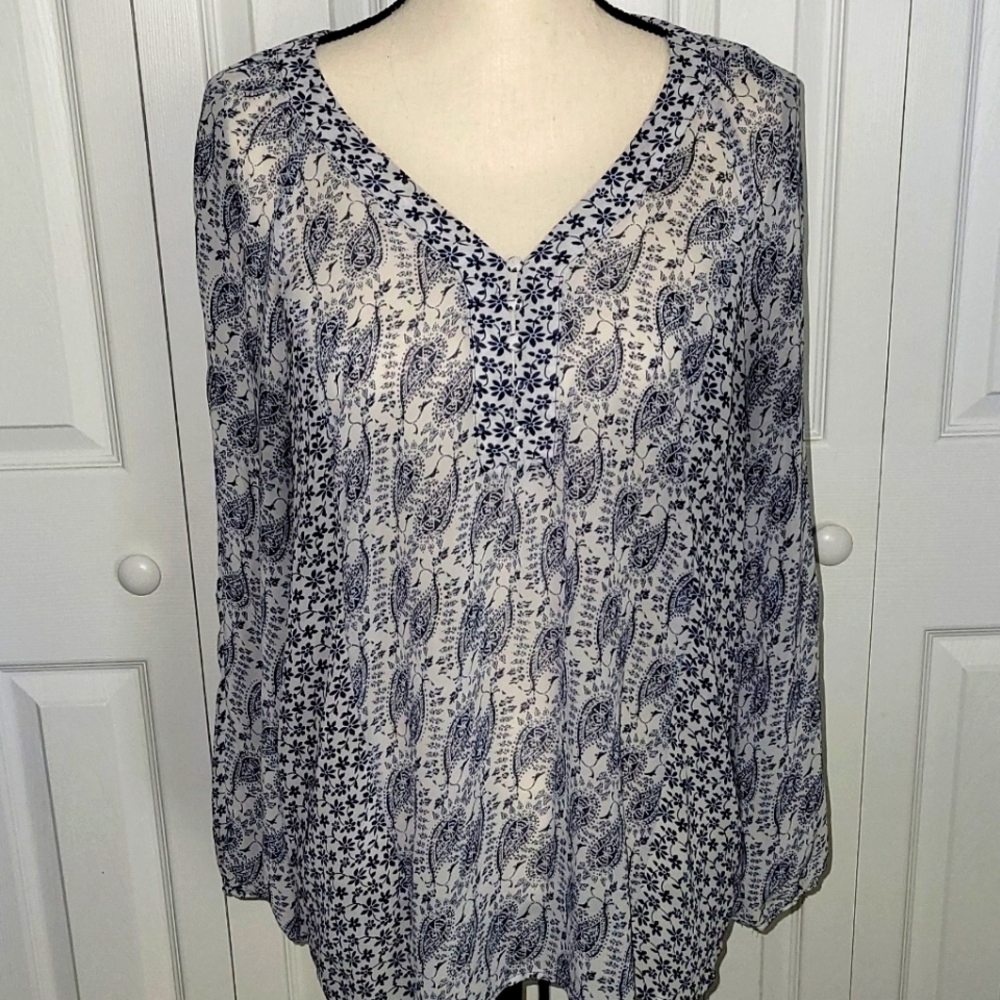 Blue and White Print Blouse